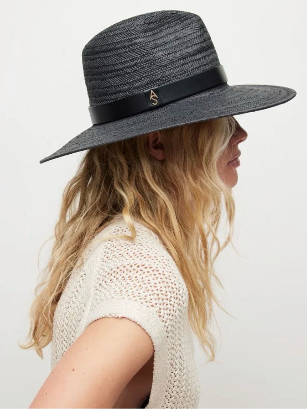 Talia Fedora — Black Wide-Brim Straw Hat with Leather Band
